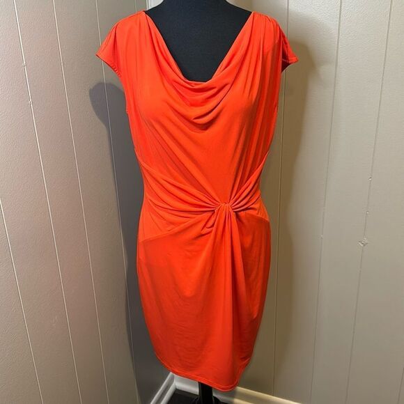 MICHAEL Michael Kors orange stretch draped neckline twisted waist midi. Medium - Picture 1 of 6